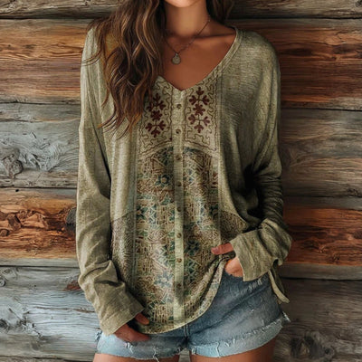 Raina - EFFORTLESS VINTAGE V-NECK BLOUSE